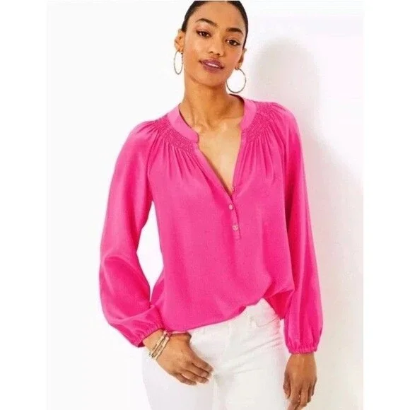 Lilly Pulitzer Size Small Elsa Top Hot Pink 100% Silk Smocked Blouse - Picture 1 of 5